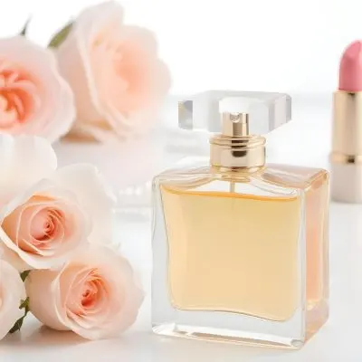 A Square Perfume Bottle With A White Cap Three Roses A Pearl Necklace And A Lipstick On A White Table 24 6410