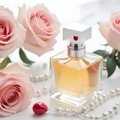 A Square Perfume Bottle With A White Cap Three Roses A Pearl Necklace And A Lipstick On A White Table 29 38dc