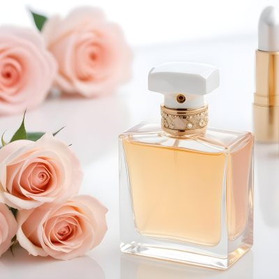 A Square Perfume Bottle With A White Cap Three Roses A Pearl Necklace And A Lipstick On A White Table 37 63ef