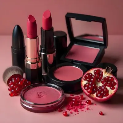 A Still Life Arrangement Featuring Various Makeup Products And Pomegranate Fruits On A Pink Background 3 Bbdd