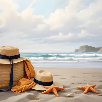 A Straw Hat And A Starfish Next To A Beach Bag On The Sand Ocean Waves In The Background 11 300b