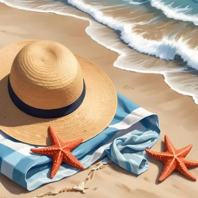 A Straw Hat And A Starfish Next To A Beach Bag On The Sand Ocean Waves In The Background 13 Bd87