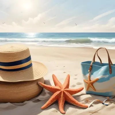 A Straw Hat And A Starfish Next To A Beach Bag On The Sand Ocean Waves In The Background 18 Ece3