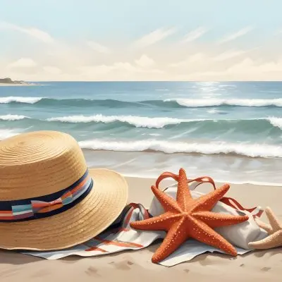 A Straw Hat And A Starfish Next To A Beach Bag On The Sand Ocean Waves In The Background 27