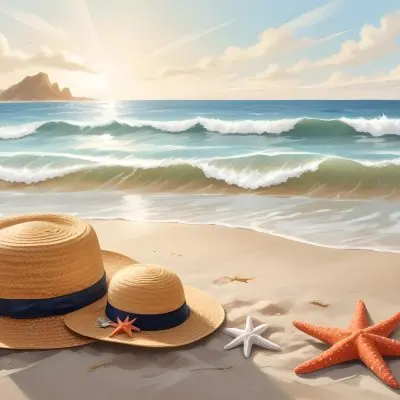 A Straw Hat And A Starfish Next To A Beach Bag On The Sand Ocean Waves In The Background 34 B583