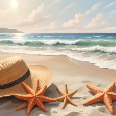 A Straw Hat And A Starfish Next To A Beach Bag On The Sand Ocean Waves In The Background 36 Dda5
