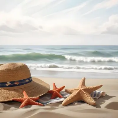 A Straw Hat And A Starfish Next To A Beach Bag On The Sand Ocean Waves In The Background 39 9d10