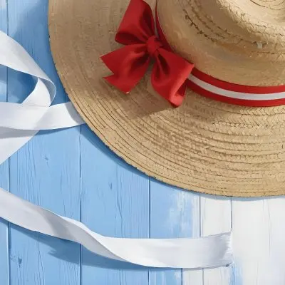 A Straw Hat With A White Ribbon On A Blue And White Wooden Surface The Hat Is Partially Visible The Background Is Textured 27 C4a6