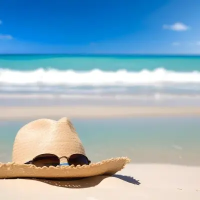 A Straw Hat With Sunglasses On The Sand Turquoise Sea And Blue Sky In The Background 23 914a