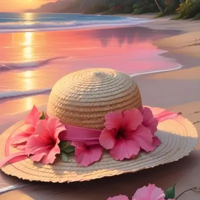 A Straw Sun Hat With A Pink Ribbon And A Large Pink Hibiscus Flower On The Side Placed On A Sandy Beach In The Background Gentle Waves Lap At The Shore Under A Colorful Sunset Sky With Hues Of Pink A Second Pink Hibi 12 1ea8