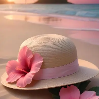 A Straw Sun Hat With A Pink Ribbon And A Large Pink Hibiscus Flower On The Side Placed On A Sandy Beach In The Background Gentle Waves Lap At The Shore Under A Colorful Sunset Sky With Hues Of Pink A Second Pink Hibi 51 A22a