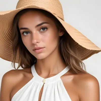A Tanned White Woman 25 Years Old With A Straw Hat And White Dress In A White Background 13 392d