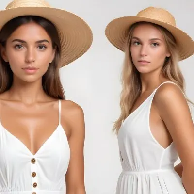 A Tanned White Woman 25 Years Old With A Straw Hat And White Dress In A White Background 4 839c