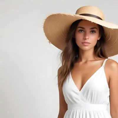 A Tanned White Woman 25 Years Old With A Straw Hat And White Dress In A White Background 6 5c42