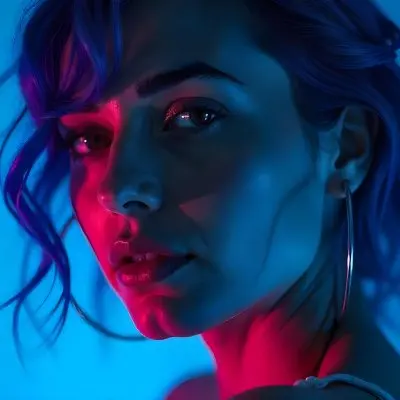 A Tanned Woman 25 Years Old With Blue Hair And Hoop Earrings Half Of Her Face Is Illuminated With Pink Light And The Other Half With Blue Light In A Blue Background 12 A0fc