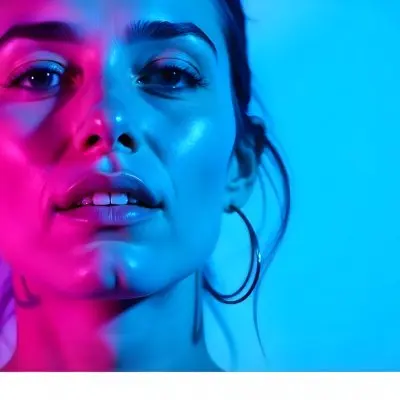 A Tanned Woman 25 Years Old With Blue Hair And Hoop Earrings Half Of Her Face Is Illuminated With Pink Light And The Other Half With Blue Light In A Blue Background 14 7a1b