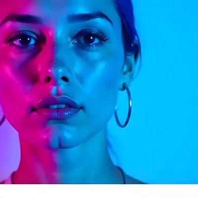 A Tanned Woman 25 Years Old With Blue Hair And Hoop Earrings Half Of Her Face Is Illuminated With Pink Light And The Other Half With Blue Light In A Blue Background 3 633c