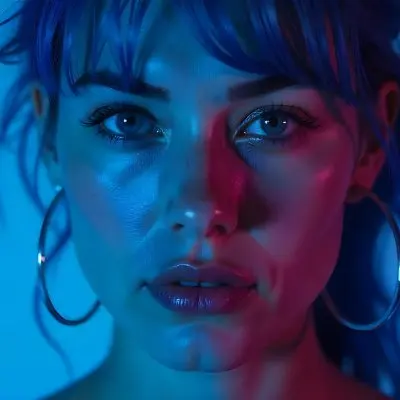 A Tanned Woman 25 Years Old With Blue Hair And Hoop Earrings Half Of Her Face Is Illuminated With Pink Light And The Other Half With Blue Light In A Blue Background 4 E675