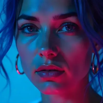 A Tanned Woman 25 Years Old With Blue Hair And Hoop Earrings Half Of Her Face Is Illuminated With Pink Light And The Other Half With Blue Light In A Blue Background 5 3906