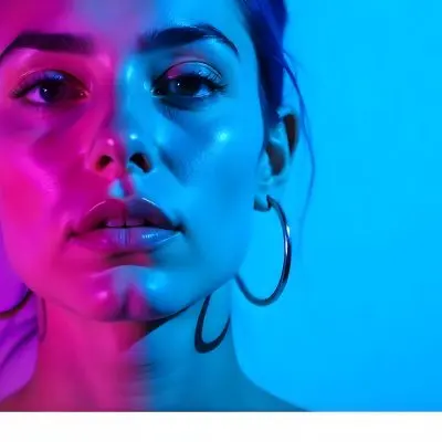 A Tanned Woman 25 Years Old With Blue Hair And Hoop Earrings Half Of Her Face Is Illuminated With Pink Light And The Other Half With Blue Light In A Blue Background 7 C2e7