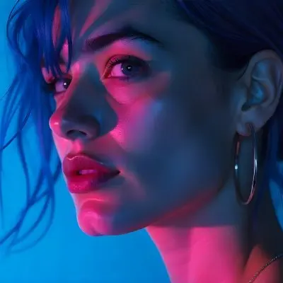 A Tanned Woman 25 Years Old With Blue Hair And Hoop Earrings Half Of Her Face Is Illuminated With Pink Light And The Other Half With Blue Light In A Blue Background 9 774c