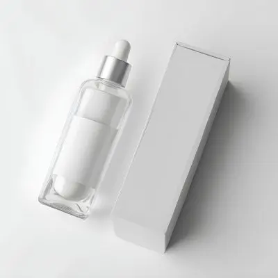 A Transparent Glass Bottle With A White Cap And A Transparent Label Next To A Transparent Rectangular Box On A White Background 16 Ea28
