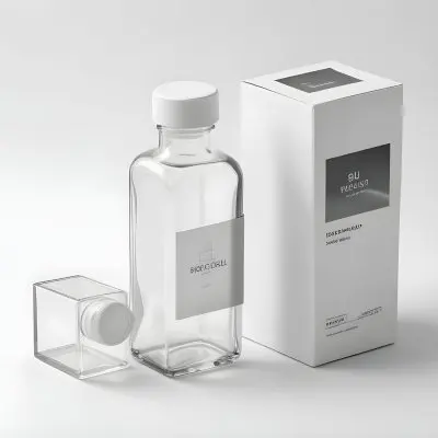 A Transparent Glass Bottle With A White Cap And A Transparent Label Next To A Transparent Rectangular Box On A White Background 4 81d2