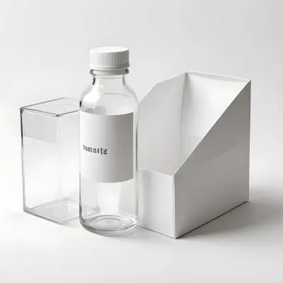 A Transparent Glass Bottle With A White Cap And A Transparent Label Next To A Transparent Rectangular Box On A White Background 7 0558
