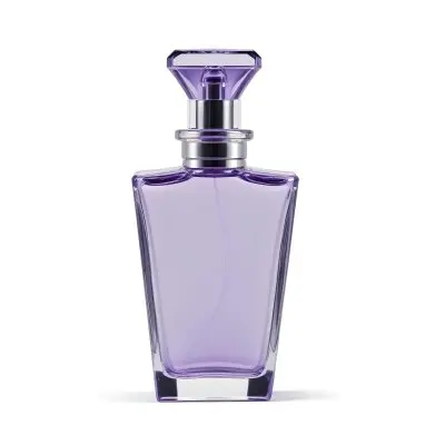 A Transparent Perfume Bottle With A Purple Cap On A White Background The Bottle Has A Transparent Neck And A Square Shape 13 Ec79