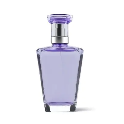 A Transparent Perfume Bottle With A Purple Cap On A White Background The Bottle Has A Transparent Neck And A Square Shape 21 809f
