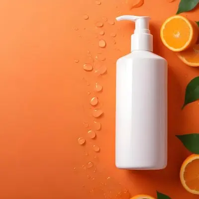 A White Bottle Of Cosmetic Product With A Pump Dispenser Surrounded By Orange Slices Green Leaves And Water Droplets On A Vibrant Orange Background 19