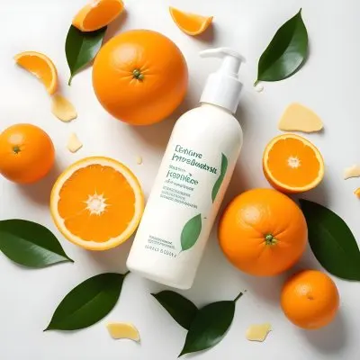 A White Bottle Of Lotion Is Centered Among Sliced And Whole Oranges With Green Leaves Scattered Around The Background Is Light And Neutral Enhancing The Vibrant Green Color Of The Fruit 11 Ddb2