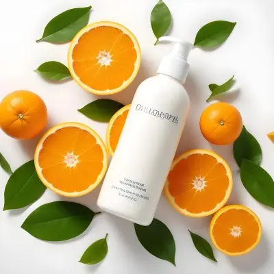 A White Bottle Of Lotion Is Centered Among Sliced And Whole Oranges With Green Leaves Scattered Around The Background Is Light And Neutral Enhancing The Vibrant Green Color Of The Fruit 12 6ca4