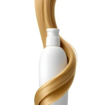 A White Bottle Of Shampoo With A Pump Wrapped In A Strand Of Long Blonde Hair On A White Background 36 4ea5