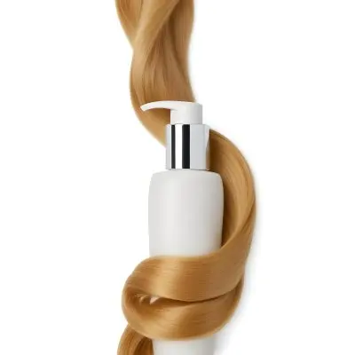A White Bottle Of Shampoo With A Pump Wrapped In A Strand Of Long Blonde Hair On A White Background 48 De57