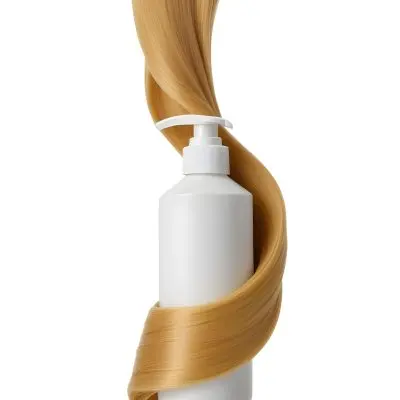 A White Bottle Of Shampoo With A Pump Wrapped In A Strand Of Long Blonde Hair On A White Background 56 0461