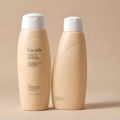A White Bottle Of Shampoo Wrapped In Blonde Hair White Cap Beige Background 1 79b2