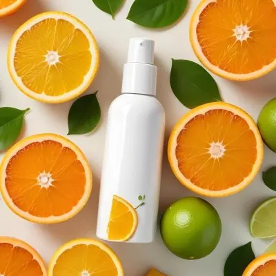 A White Cosmetic Bottle Is Centered Among Various Citrus Fruits Including Orange Halves A Whole Orange And Lime Slices Green Leaves Are Scattered Around Enhancing The Fresh And Vibrant Appearance Of The Arrangemen 9 F7fc