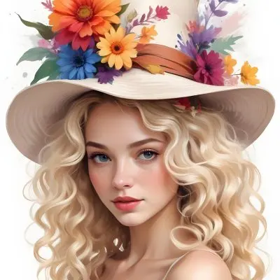 A White European Woman 23 Years Old Curly Blonde Hair Wearing A Hat With Colorful Flowers Light Skin In A White Background 25 861a