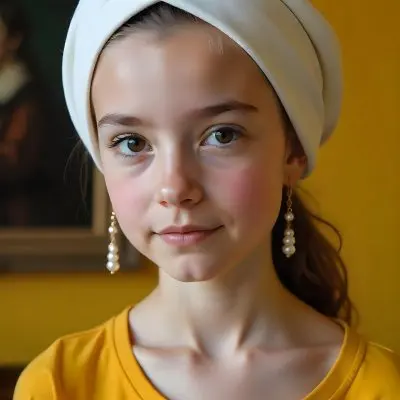 A White Girl 17 Years Old With A White Turban And A Pearl Earring Yellow Shirt Looking At The Camera In A Yellow Room With A Painting In The Background 35 D18c
