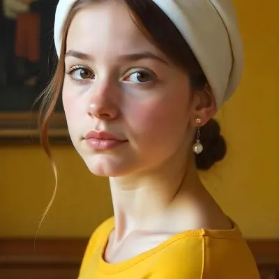 A White Girl 17 Years Old With A White Turban And A Pearl Earring Yellow Shirt Looking At The Camera In A Yellow Room With A Painting In The Background 4 B648