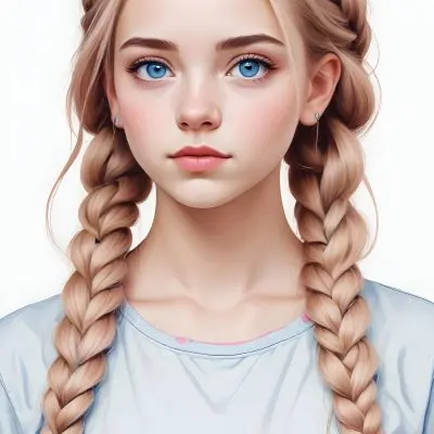 A White Girl 19 Years Old With Red Eyes Blue Hair In A Braid Red Lips Wearing A White T Shirt Simple Background 140 7c8a