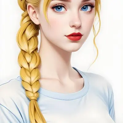 A White Girl 19 Years Old With Red Eyes Blue Hair In A Braid Red Lips Wearing A White T Shirt Simple Background 18 A5c5