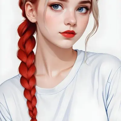 A White Girl 19 Years Old With Red Eyes Blue Hair In A Braid Red Lips Wearing A White T Shirt Simple Background 30 53f8