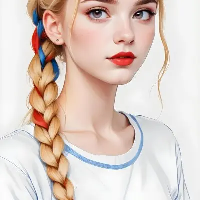 A White Girl 19 Years Old With Red Eyes Blue Hair In A Braid Red Lips Wearing A White T Shirt Simple Background 47 0f29