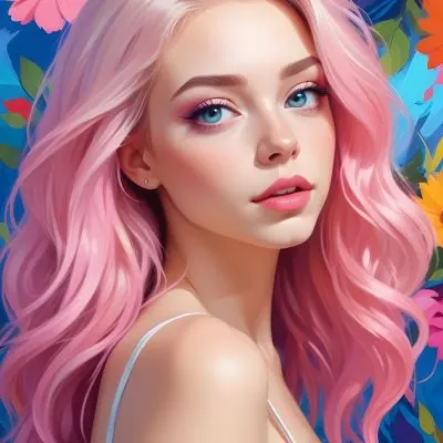A White Girl With Light Skin 22 Years Old With Colorful Hair And Flowers Light Pink Lips Blue Eyes In A Colorful Background 1 338e