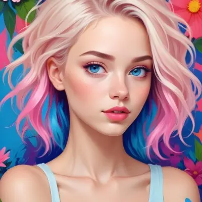 A White Girl With Light Skin 22 Years Old With Colorful Hair And Flowers Light Pink Lips Blue Eyes In A Colorful Background 15 C12b
