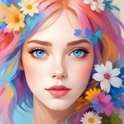 A White Girl With Light Skin 22 Years Old With Colorful Hair And Flowers Light Pink Lips Blue Eyes In A Colorful Background 16 9fd9 68ed