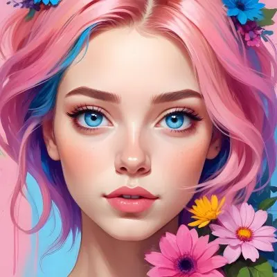 A White Girl With Light Skin 22 Years Old With Colorful Hair And Flowers Light Pink Lips Blue Eyes In A Colorful Background 19 5c7f