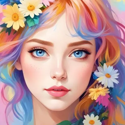 A White Girl With Light Skin 22 Years Old With Colorful Hair And Flowers Light Pink Lips Blue Eyes In A Colorful Background 20 6506